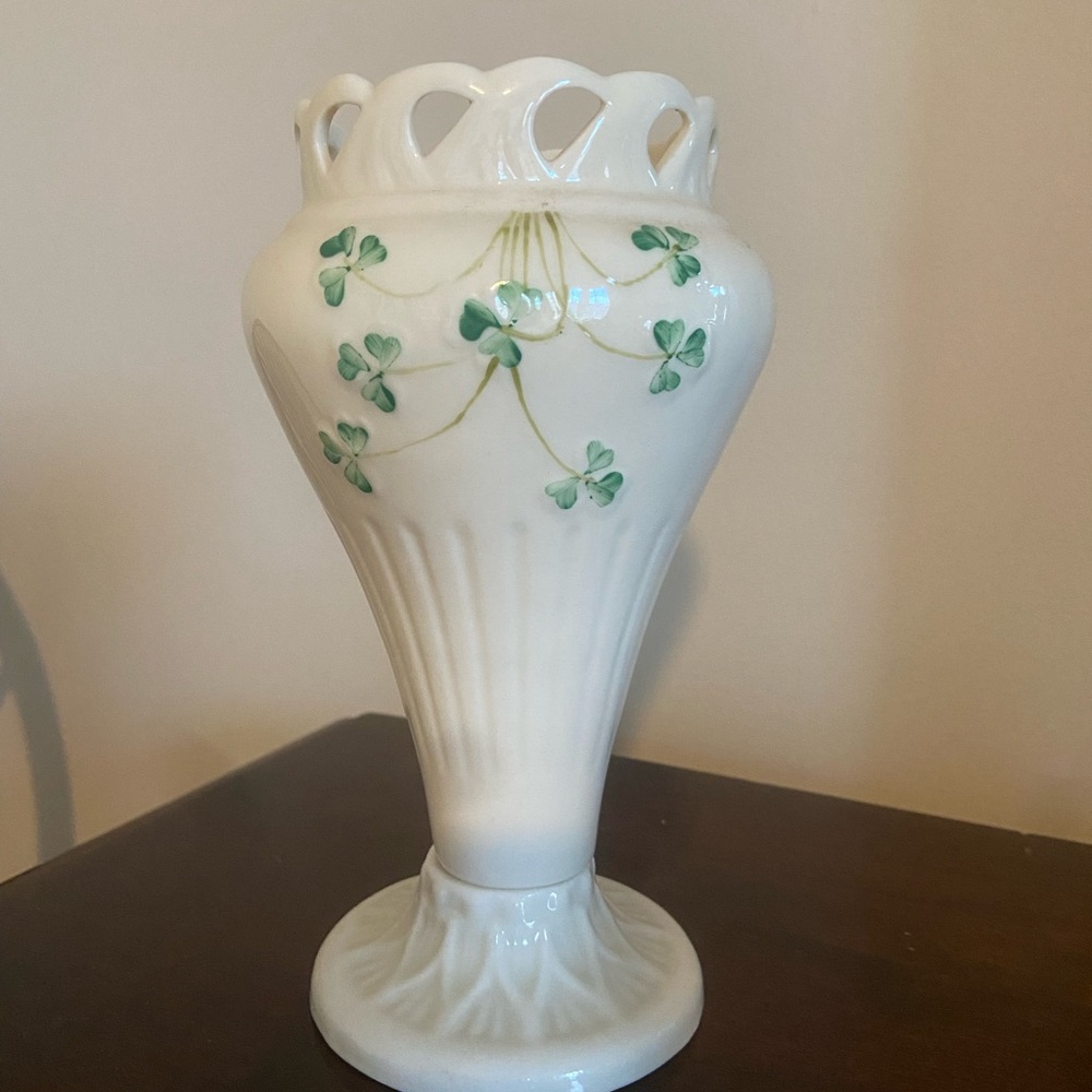 Belleek Ireland white and Green Ceramic Vase with Intricate Accents